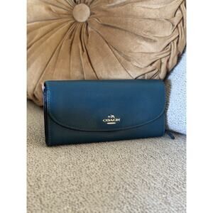 Coach Women's Crossgrain Leather Flap Long Slim Envelope Wallet Teal Green